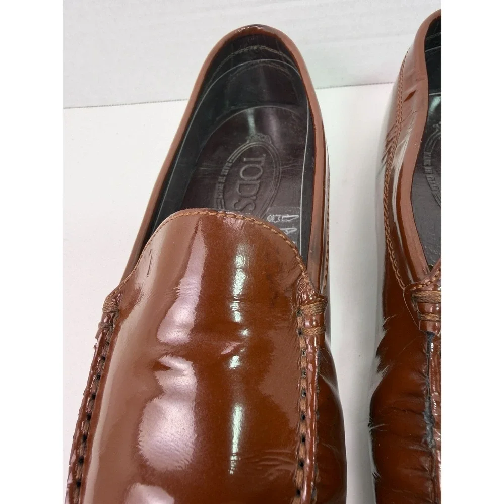 TOD'S Patent Leather Driving Loafers Brown Slip On Women's Size 6.5 Luxury Italy